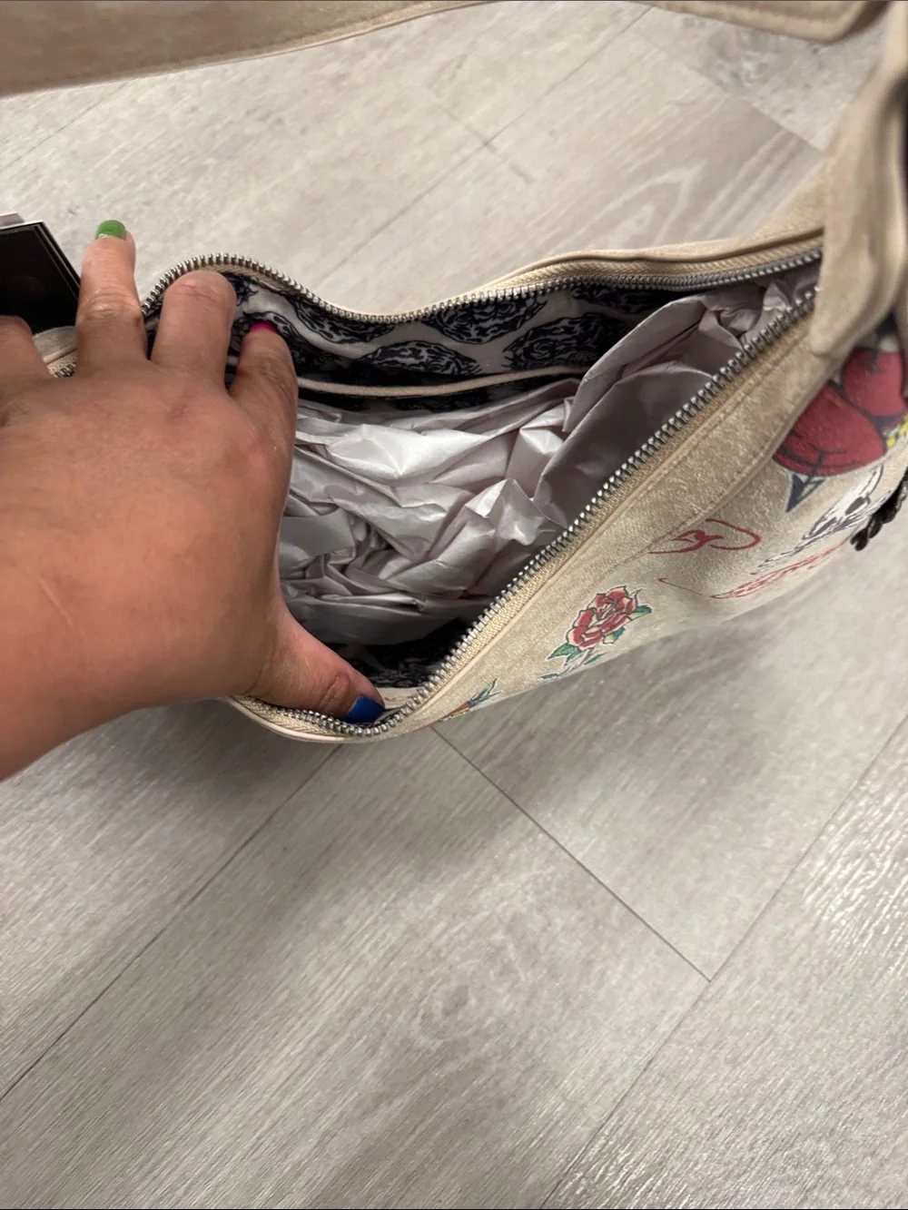 Ed Hardy Beige Studded Hobo with Tattoo Heart & Skull Print